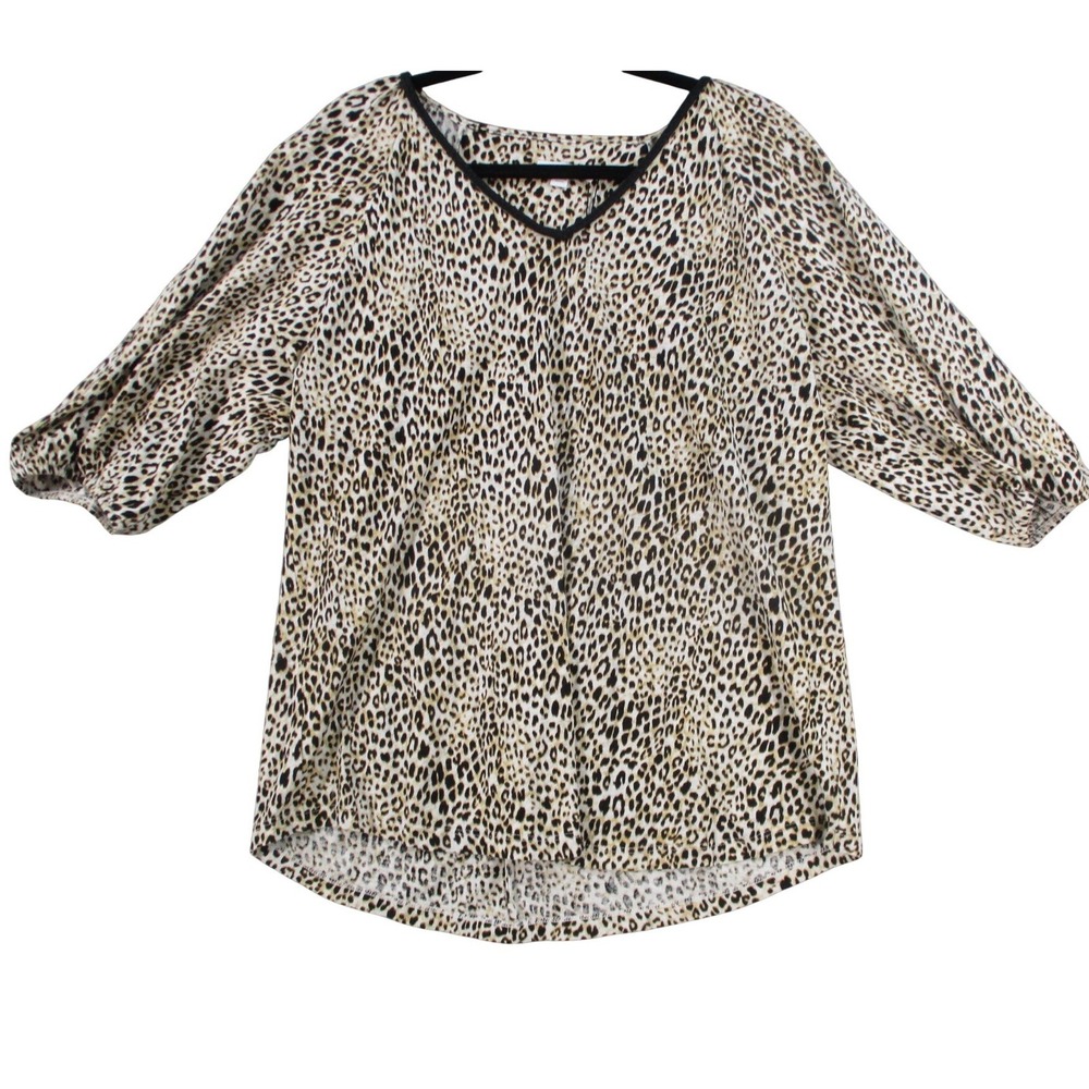 Chicos Linen Leopard Braid Neck Tee‎ Ecru Animal Print Puff Sleeve Top Size 3 XL